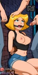 1girl 1girls 2boys ai_generated angry angry_expression angry_face arms_behind_back blonde_hair blue_eyes blurry_background bondage bound bound_arms bound_wrists breasts breasts_out captured captured_female clover_(totally_spies) denim_shorts english english_text forced gag gagged hand_on_head imminent_fellatio imminent_irrumatio imminent_oral kneeling looking_up midriff navel nipples open_mouth open_mouth_gag outdoors rape rasilinai restrained restrained_arms ring_gag rope rope_bondage short_hair short_shorts stable_diffusion tagme text thighs totally_spies
