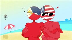 1boy 1girls beach beach_background big_penis conquest_(invincible) countryhumans countryhumans_girl holding_arm meme philippines_(countryhumans) red_body red_skin teasing united_states_of_america_(countryhumans)
