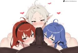 3girls blue_eyes blue_hair blush collaborative_fellatio cuckold cuckolding dark-skinned_male eris_greyrat eye_contact fat_male fellatio hearts interracial looking_at_viewer lord_dante lorddantesito mushoku_tensei netorare ntr pov pov_eye_contact red_eyes red_hair roxy_migurdia saliva sucking_balls sucking_penis sucking_testicles sylphiette_(mushoku_tensei) tagme threesome white_background white_hair
