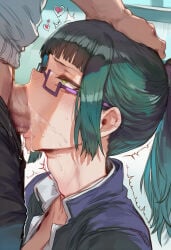 1boy 1girl ai_generated big_penis black_hair blowjob deepthroat face_fucking glasses green_hair hand_on_head huge_cock jujutsu_kaisen male/female mouth_open ponytail rough spitroast swirlinghawk throat_bulge thrusting yuta_okkotsu zenin_maki