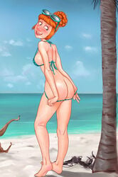 1girls barefoot beach bikini blush breasts butt chesare despicable_me female looking_down looking_over_shoulder lucy_wilde outdoors palm_tree partially_clothed presenting_hindquarters red_hair sunglasses sunglasses_on_head swimwear
