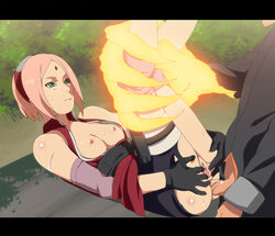 1boy 1girls anal anal_sex areolae ass_spread blush breasts breasts_out claw clothed_sex elbow_pads female forehead_mark forehead_protector forest gloves green_eyes hair_band holding_legs knee_pads kurama laying_back legs_up male missionary_position naruto naruto:_the_last naruto_(series) nipples on_table open_clothes outdoors pink_hair pussy ripped_clothing sakura_haruno sex short_hair small_breasts sweat sweatdrop uzumaki_naruto