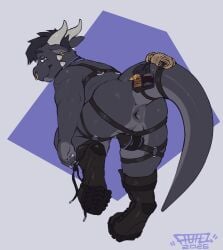 absurd_res accessory anthro anus bag bent_over boots chest_harness claws clothing condom digitigrade digitigrade_footwear ear_piercing ear_ring facial_piercing footwear furgonomic_footwear furgonomics garter_straps grey_body hair harness hi_res horn jockstrap kobold looking_at_viewer looking_back lube_bottle male messykobold nose_piercing nose_ring perineum piercing presenting raised_tail ring_piercing rope scalie septum_piercing septum_ring sexual_barrier_device shoes simple_background skunkhotel smile solo tail tail_accessory tail_bag thick_tail tying_shoes underwear