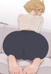 1boy 1femboy ai-assisted ai_generated annoyed ass ass_focus barefoot big_ass big_butt blush bratinni bulge cloud_strife couch feet femboy final_fantasy foot_fetish from_behind kneeling looking_at_viewer looking_back on_couch on_knees otoko_no_ko round_ass see-through shorts simple_background soles solo spiked_hair tight_clothing
