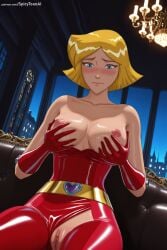 1girl ai_generated belt blacked blonde_hair blue_eyes blush breasts cartoon_network chain clover_(totally_spies) female female_only gloves grabbing hi_res high_quality high_resolution large_breasts latex mole nipples patreon patreon_username pussy red_gloves seductive self_fondle sexy shiny shiny_clothes shiny_skin short_hair solo spicytoonai sweat totally_spies uncensored watermark web_address