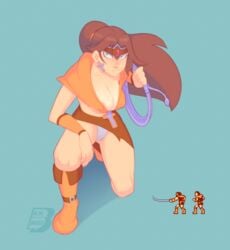 2018 areolae artist_name blue_eyes bluebreed breasts brown_hair castlevania cleavage cross cross_earrings earrings eyelashes hair holding holding_weapon kneeling konami on_one_knee panties pixel_art rosary rule_63 rule_63 simon_belmont tiara video_games weapon whip