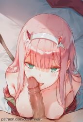 1boy 1girl 2026 ai_generated aqua_eyes bare_shoulders blunt_bangs blush breasts cocomiyart collarbone darling_in_the_franxx erection fellatio green_eyes hairband hetero highres horns licking licking_penis long_hair looking_at_viewer medium_breasts nipples nsfw off_shoulder oral penis penis_on_face pink_hair pov precum red_horns solo_focus straight_hair tongue tongue_out uncensored veins veiny_penis white_hairband zero_two_(darling_in_the_franxx)