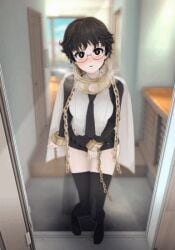 1girls animated black_hair black_hair_female blush blushing_at_viewer blushing_female cape chains collar collared_female excited excited_female female female_only fully_clothed glasses hand_on_crotch limbus_company looking_at_viewer lune_(artist) pov project_moon sora_(limbus_company) tagme tie video white_cape white_shirt