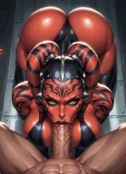 :>= above_view ai_generated alien_girl athletic_female big_ass big_breasts big_lips blowjob curvy_female darth_talon drooling fellatio high-angle_view high_quality huge_cock kneeling_oral_position looking_at_viewer male_pov moonchild41 muscular_male orange_eyes penis red-skinned_female red_skin saliva_on_penis sith skimpy_clothes star_wars sucking_penis sweat tattoos tentacle_hair thick_thighs twi'lek wide_hips
