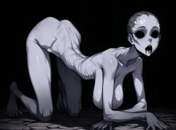 1girl 1girls ai_generated bald breasts female female_focus female_humanoid female_only gray_skin hollow_eyes horror horror_(theme) humanoid humanoid_female long_arms long_legs monster monster_girl mrnails naked nipples on_all_four open_mouth sagging_breasts simple_background skinny solo solo_female thin