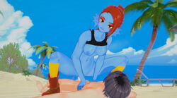 anthro anthro_on_male anthrofied beach blue_skin breasts cowgirl_position female female_on_top fish_girl gills girl_on_top koikatsu makeup male on_top palm_trees penis red_hair ride riding sex shoes undertale undyne yellow_eyes