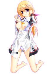 blonde_hair blush bottomless breasts breasts_out charlotte_dunois erect_nipples eyebrows_visible_through_hair infinite_stratos kneeling necklace sakurajousui_neko smile white_panties