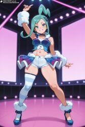 ahoge ai_generated aqua_eyes aqua_hair arm_warmers arms_up chocker crop_top female female_only hair_ornament heels high_heels idol lisia_(pokemon) medium_breasts pokemon shorts single_thighhigh skirt smiling_at_viewer solo solo_female standing stoker_ai thighhighs