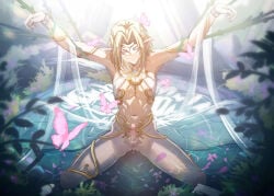 1boy absurdres blonde_hair bug butterfly censored circlet closed_eyes commentary_request elf erection highres male_focus medium_hair mosaic_censoring mouth_veil nature nga_(ray_ray) nipples original penis pink_butterfly plant pointy_ears restrained see-through_clothes see-through_veil sitting sling_bikini_top spread_legs veil vines