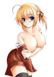 ahoge bare_shoulders black_legwear blonde_hair blue_eyes blush breast_hold breast_slip breasts breasts_out_of_clothes clavicle clothes_down female female_only glowing hair_ornament hair_ribbon konoe_subaru large_breasts looking_at_viewer mayo_chiki! nipples no_bra open_clothes open_shirt ponytail ribbon sakurajousui_neko school_uniform shirt_pull short_ponytail simple_background solo thighhighs thighs tied_hair white_background zettai_ryouiki