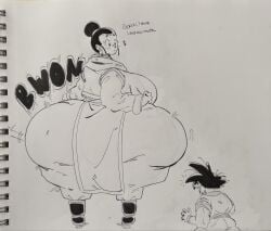 1boy 1girls artsyymartsyyyy chichi dragon_ball dragon_ball_z gigantic_ass gigantic_thighs hyper_ass son_goku traditional_media_(artwork)