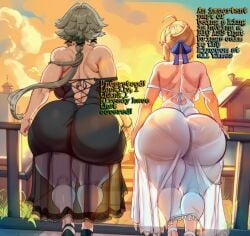 2girls ai_generated artoria_pendragon ass_bigger_than_head ass_size_difference big_ass caesar_king_(zenless_zone_zero) fate_(series) female female_only huge_ass huge_breasts ishimo text zenless_zone_zero
