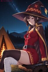 1girl ai_generated bandaged_leg bandages belt black_belt black_gloves black_legwear breasts cape collarbone dress female female_only fingerless_gloves gloves hat hi_res high_quality high_resolution kono_subarashii_sekai_ni_shukufuku_wo! looking_at_viewer megumin night patreon red_dress red_eyes seductive sexy short_dress short_hair single_thighhigh sitting sky smile solo star_(sky) starry_sky thighhighs uncensored watermark witch_hat
