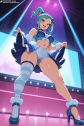 ahoge ai_generated aqua_eyes aqua_hair arm_warmers chocker crop_top female female_only from_below hair_ornament heels high_heels idol lifting_skirt lisia_(pokemon) medium_breasts open_mouth pokemon shorts single_thighhigh skirt smiling solo solo_female standing stoker_ai thighhighs