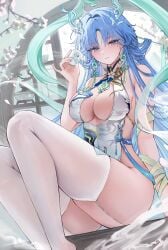 1girls big_breasts blue_eyes blue_hair breasts breasts_out chinese_clothes chinese_dress dress female large_breasts long_hair qingxiao_(wuthering_waves) thighhighs very_long_hair white_dress white_thighhighs wuthering_waves zije