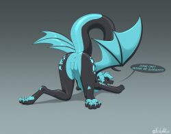 absurd_res annoyed anthro ass_up black_body black_scales blue_body blue_hair blue_scales breasts butt claws dragon female genitals hair hi_res inviting_to_sex koluarts membrane_(anatomy) membranous_wings mythological_creature mythological_scalie mythology nude nude_female scales scalie sharp_teeth simple_background solo teeth toe_claws ventral_scales vulva wings