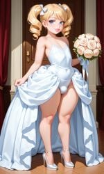 1femboy ai_generated bimbo bimbo_lips blonde blonde_hair blue_eyes bouquet bulge curly_hair dress femboy femboy_only high_heels holding_bouquet looking_at_viewer original pigtails pink_lips pink_lipstick pixai sissy smile smiling smiling_at_viewer thick_thighs thighs twintails urikoito wedding_dress