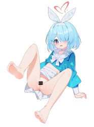 1girl :o anus arm_support arona_(blue_archive) bar_censor bare_legs barefoot blue_archive blue_eyes blue_hair blue_pupils blue_shirt blush bow bow_hairband bowtie braid bright_pupils censored chinese_commentary choker cleft_of_venus colored_inner_hair commentary dot_nose fang feet fingernails foot_focus full_body hair_over_one_eye hairband halo heart heart_halo highres knees_up long_sleeves looking_at_viewer midriff_peek miniskirt mofan_sama multicolored_hair navel no_panties parted_lips pink_hair pleated_skirt puffy_long_sleeves puffy_sleeves pussy red_halo sailor_collar school_uniform serafuku shirt short_hair simple_background single_braid sitting skin_fang skirt sleeve_cuffs soles solo spread_legs streaked_hair sweatdrop toe_scrunch toes two-tone_hair white_background white_bow white_bowtie white_choker white_hairband white_sailor_collar white_skirt
