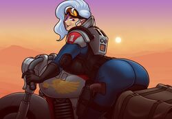 1girls armor back_view backboob background big_ass big_breasts blazbaros bodysuit breast_press breasts curvy desert elbow_pads female female_only forehead_ridges genestealer goggles_on_forehead high_collar holstered_weapon huge_ass huge_breasts imperium_of_man motorcycle pale-skinned_female pale_skin pistol purple_eyes purple_lips seductive_look seductive_smile sideboob solo solo_female thick_thighs tyranid warhammer_(franchise) warhammer_40k white_hair wide_hips