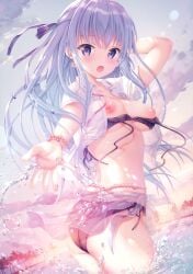 1girl areolae arm_up ass beach bikini black_bikini blue_hair blush bracelet breasts breasts_out cleavage cloud collarbone earrings hair_ribbon hand_in_own_hair highres hiiragi_asuka_(twinbox) jewelry long_hair looking_at_viewer medium_breasts mole mole_under_eye nipples open_clothes open_mouth open_shirt outdoors outstretched_arm palm_tree purple_eyes ribbon sarong see-through_clothes shiny_skin shirt short_sleeves side-tie_bikini_bottom sidelocks sky solo sousouman splashing standing sunset swimsuit thighs tree twinbox_school wardrobe_malfunction water water_drop wet white_shirt