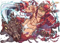 1boy abs armor armor_break balls_under_clothes bare_breasts beefy biceps big_areola blade breasts brown_hair bulge bulge_through_clothing bursting_clothes coin crazy_eyes daihukudokoro deer_antlers dual_wielding duo eight_pack elemental exposed flaccid frown full_body fundoshi gay hi_res holding_weapon horse insane japanese_clothes katana knight male male_only manly mature_male muscles muscular muscular_arms muscular_legs muscular_male muscular_thighs navel no_body_hair no_pupils ornament pecs pointing_at_viewer quadriceps red_armor revealing_clothes riding_horse rokushaku_fundoshi sanada_yukimura short_hair shoulder_armor shouting sitting six_pack spear straddling swordsman tokyo_afterschool_summoners tough_guy triceps water water_elemental weapon weapon_on_back white_background white_fundoshi wielding_weapon yaoi yellow_sclera yukimura_sanada