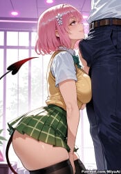 1boy 1girl ai_assisted ai_generated ass bangs belt black_legwear blush breasts curvaceous curvy curvy_female curvy_figure demon_girl demon_tail erection erection_under_clothes female flower from_side green_skirt hair_flower hair_ornament hetero indoors large_breasts lips looking_at_another miniskirt miyuai momo_velia_deviluke pants penis pink_hair plaid plaid_skirt pleated_skirt purple_eyes sainan_high_school_uniform school_uniform shirt short_hair short_sleeves skirt smile solo_focus tail thick thick_ass thick_butt thick_hips thick_legs thick_thighs thighhighs thighs to_love-ru voluptuous voluptuous_female wide_hips wide_thighs window