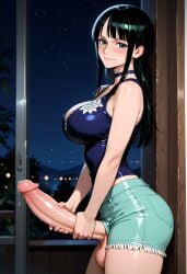 ai_generated big_breasts big_penis blush closed_mouth futa_only futanari hand_on_penis looking_at_viewer nico_robin night one_piece outdoors penis_grab precum side_view sleeveless smile solo testicles veiny_penis