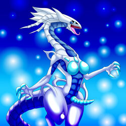 1:1 2020 absurd_res anthro blue_eyes blue_penis breasts deep_of_blue_eyes digital_media_(artwork) dragon female gynomorph hi_res intersex konami m-47 nude open_mouth penis scales scalie solo tongue tongue_out white_body white_scales yu-gi-oh!