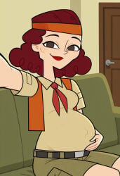 ai_generated blushing_at_viewer brown_eyes brown_eyes_female disventure_camp disventure_camp:_season_1_remake female female_only hand_on_pregnant_belly holding_pregnant_belly lill_(disventure_camp) odd_nation_cartoons pregnant pregnant_female red_hair red_hair_female smiling_at_viewer