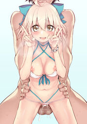 1boy ahoge aqua_bikini aqua_bow bangs bare_shoulders bikini bikini_aside bikini_pull blonde_hair blush bow bracelet breasts collarbone cum cum_in_pussy double_v fate/grand_order fate_(series) female hairbow hands_up highleg highleg_bikini highres jewelry layered_bikini looking_at_viewer medium_breasts multi-strapped_bikini navel nipples okita_souji_(fate)_(all) okita_souji_(swimsuit_assassin)_(fate) open_mouth sex short_hair simple_background smile solo_focus straight suga_hideo sweat swimsuit testicles torso_grab two-tone_bikini v vaginal_penetration white_bikini yellow_eyes