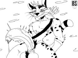 activision anthro armpit_hair arrow_(weapon) bacon_sama balls blush bodily_fluids body_hair cheetah dripping felid feline genital_fluids genitals hairy_balls half-erect hi_res hunter_(spyro) loose_foreskin male mammal musk penis precum precum_drip pubes pubes_in_foreskin ranged_weapon solo spyro_the_dragon thick_thighs throbbing throbbing_balls throbbing_penis tongue tongue_out weapon