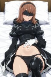 1girls ai_generated black_blindfold black_dress blindfold blush breasts brown_hair covered_eyes dress female female_focus female_only gloves hairband light-skinned_female light_skin looking_at_viewer nier nier:_automata on_bed panties short_dress shoulder_length_hair solo solo_female thighs yorha_no._21_type_s
