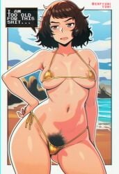 areolae beach_background golden_bikini hairy_pussy midriff not_amused pubes pubic_hair sadayo_kawakami solo solo_female text_box yumi_(artist)