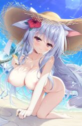 1girl all_fours animal_ear_fluff animal_ears barefoot beach bikini blue_sky blush braid breasts closed_mouth collarbone completely_nude day female female_only flower fox_ears fox_girl fox_tail hair_flower hair_ornament half-closed_eyes hat hibiscus highres holding large_breasts long_hair looking_at_viewer lotion nipples nude ocean original outdoors pouring purple_hair red_eyes red_flower side_braid sidelocks sky smile solo straw_hat sun_hat swimsuit tail thighs unworn_bikini very_long_hair water_drop wet white_bikini yatanukikey