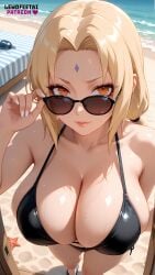 ai_assisted ai_generated beach big_breasts bikini blonde_hair breasts cleavage female female_only glasses lewdfeetai naruto naruto_(series) naruto_shippuden solo sweat thick tsunade