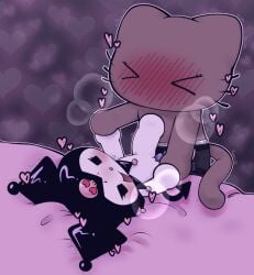 >_< anthro blush blush_lines boxers_(clothing) boxers_only brown_body brown_fur chibi clothed clothing domestic_cat duo eyes_closed felid feline felis female female/female from_front_position fur hand_holding heart_eyes heart_symbol hi_res interspecies kuromi lagomorph lying mammal missionary_position on_back onegai_my_melody sanrio self_insert sex size_difference spade_tail strapon strapon_in_pussy strapon_insertion tail tenshi_(touboutenshi) topless touboutenshi underwear underwear_only white_body white_fur
