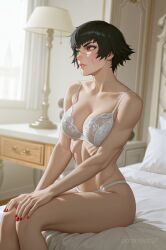 abs ai_generated big_breasts black_eyebrows black_hair bra devil_may_cry devil_may_cry_(netflix) devil_may_cry_(series) green_eye hair_between_eyes heterochromia lady_(devil_may_cry) lingerie_only on_bed panties posing red_eye red_nails ribs room_background scar scar_on_face short_hair sitting sitting_on_bed stockings thick_eyelashes thick_thighs white_lingerie white_underwear