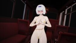 almost_naked athletic_female blushing embarrassed female female_only kira_(limbus_company) limbus_company looking_down lune_(artist) project_moon pubic_hair scar scar_on_stomach string_bikini string_panties tattoo_on_arm tattooed_arm white_hair