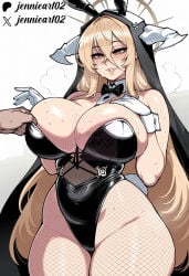 1boy 1girl ai_generated alternate_costume animal_ears artist_name azur_lane bare_shoulders black_leotard blonde_hair blush bow bowtie breast_cutout breasts bunny_girl bunnysuit cleavage clothing covered_navel curvy detached_collar fake_animal_ears fake_tail female fishnet_legwear fishnet_pantyhose fishnets gloves habit hair_between_eyes halo hand_on_own_chest hetero highleg highleg_leotard horns huge_breasts implacable_(azur_lane) jennieart02 large_breasts legwear leotard long_bangs long_hair nun orange_eyes pantyhose parted_lips patreon patreon_logo patreon_username playboy_bunny playboy_bunny_leotard rabbit_ears rabbit_tail red_eyes smile solo_focus strapless strapless_leotard sweat tail thick_thighs thighs twitter twitter_username veil very_long_hair watermark web_address white_gloves white_horns wide_hips wrist_cuffs