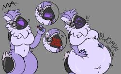 absurd_res anthro bloatware breasts embarrassed female floral forced forced_inflation fur hi_res holding_belly inflation lavender_(lavenderteas) machine mementovivereart nonbinary_(lore) protogen purple_body purple_fur solo surprise_inflation surprised thick_thighs usb_stick