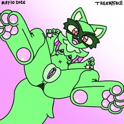 abstract_background anthro anus clothing dated feet female feral foot_focus generation_9_pokemon genitals laid_back looking_at_viewer nintendo pawpads pink_pawpads pokemon pokemon_(species) pokemon_only presenting presenting_vulva shirt signature solo sprigatito theenyface topwear vulva