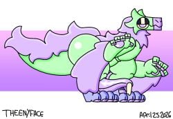 abstract_background beak bedroom_eyes big_penis bird_wyvern capcom dated feral fluffy genitals green_body looking_at_viewer monster_hunter narrowed_eyes overweight pawpads penis pink_eyes seductive seikret signature standing tapering_penis theenyface