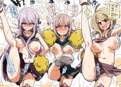 3girls ahoge akamatsu_kaede black_panties blush braid breasts cheerleader commentary_request commission crowd danganronpa danganronpa_(series) hair_ornament kirigiri_kyoko kirigiri_kyouko large_breasts leg_up long_hair multiple_girls musical_note musical_note_hair_ornament nanami_chiaki nipples panties pom_pom_(cheerleading) pussy_juice sex_toy side_braid skeb_commission skirt speech_bubble translation_request underwear vibrator yaneko_uta
