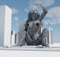 big_breasts black_nipples city creature eating giantess giantess_vore goo_creature grey_body grey_goo grey_hair macro monster monster_girl slime slime_girl tank vore