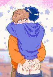 2boys blue_hair blue_sweater blushing brown_hair classmates classroom closed_eyes friends gay go_for_it,_nakamura-kun!! grabbing_ass hirose_aiki hugging nakamura_okuto no_underwear orange_sweater pants_down shipping smaller_dom_larger_sub wetfoxo